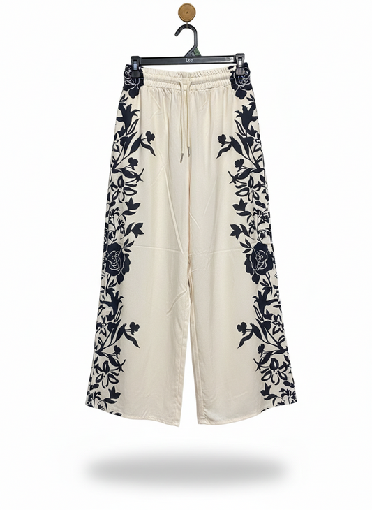 SHEIN |M| WAIST 26| WOMEN’S CREAM AND NAVY FLORAL BORDER-PRINT WIDE-LEG PANTS - BOHO DRAWSTRING TROUSERS