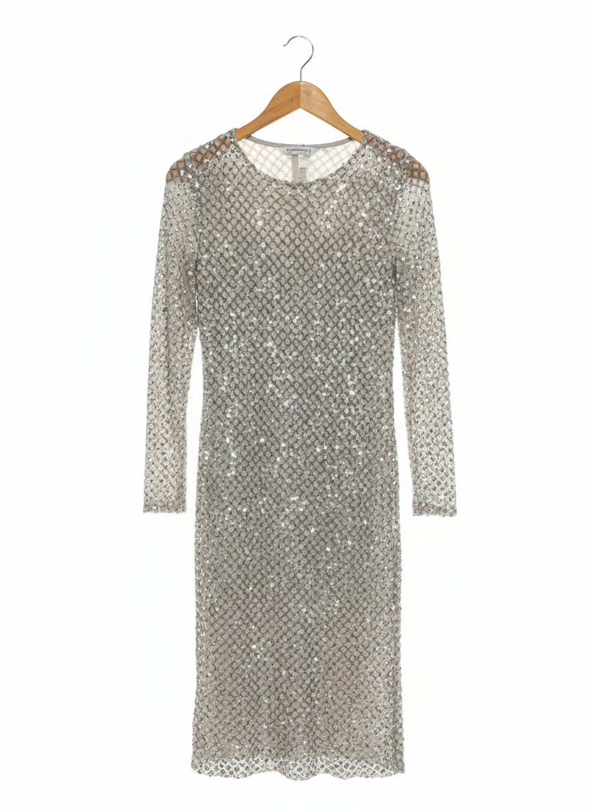 STRADIVARIUS |S| BUST 15| SOPHISTICATED SILVER SEQUIN MESH LATTICE MIDI DRESS