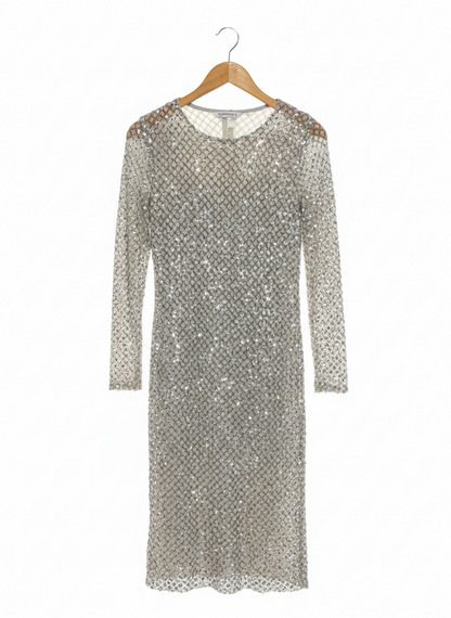 STRADIVARIUS |S| BUST 15| SOPHISTICATED SILVER SEQUIN MESH LATTICE MIDI DRESS