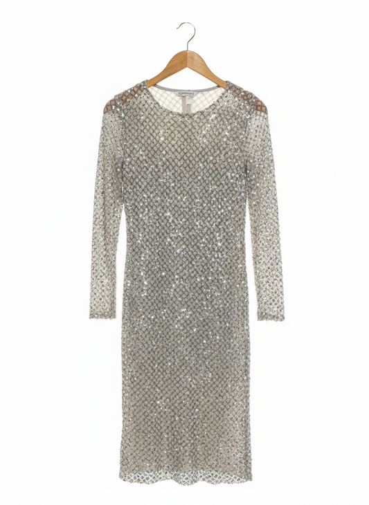 STRADIVARIUS |S| BUST 15| SOPHISTICATED SILVER SEQUIN MESH LATTICE MIDI DRESS