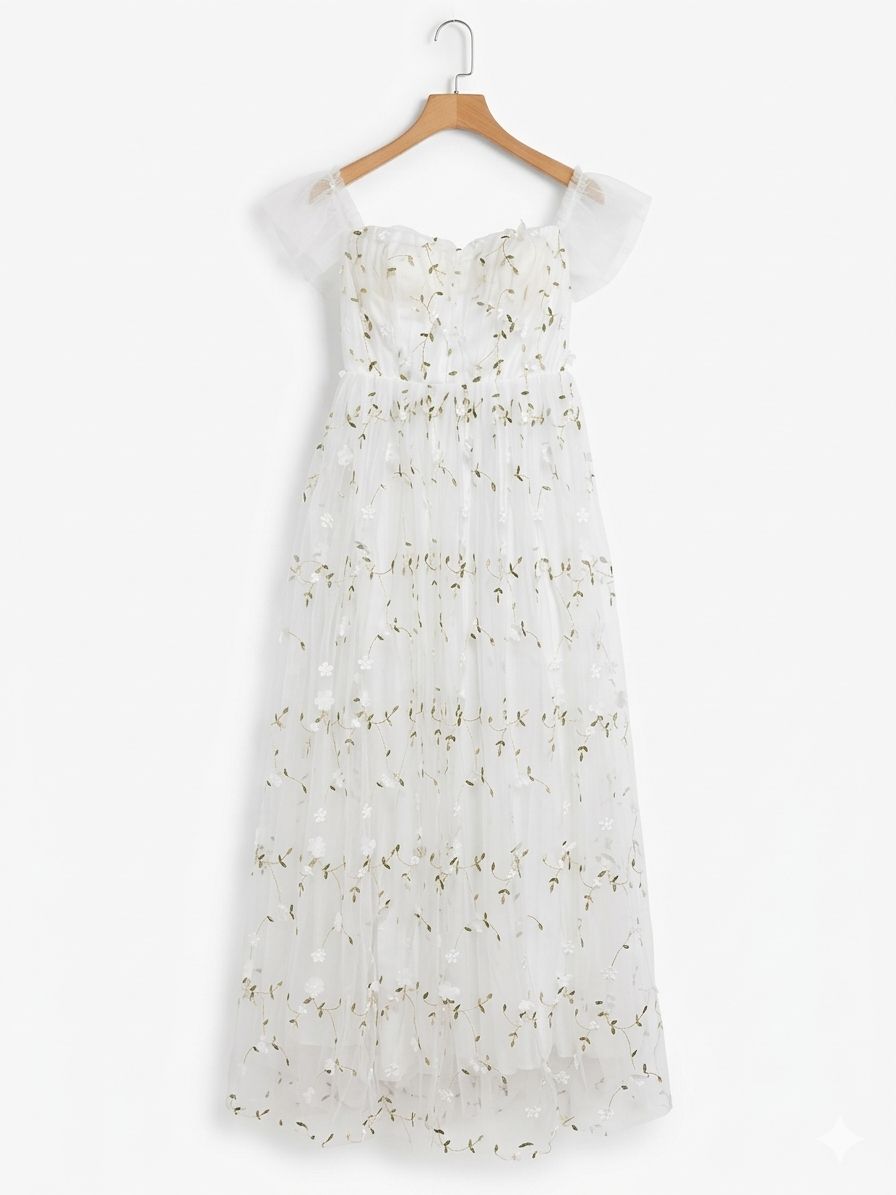 |S| BUST 15 | B9| WHITE FLORAL EMBROIDERED TULLE MAXI DRESS