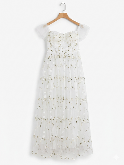 |S| BUST 15 | B9| WHITE FLORAL EMBROIDERED TULLE MAXI DRESS