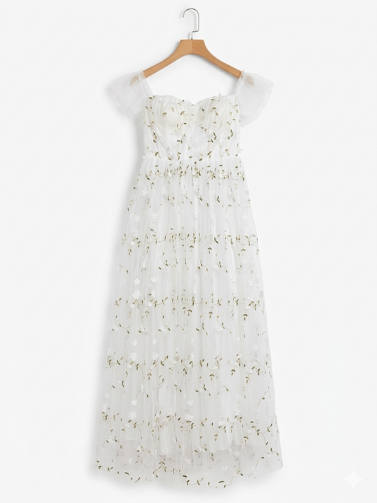 |S| BUST 15 | B9| WHITE FLORAL EMBROIDERED TULLE MAXI DRESS