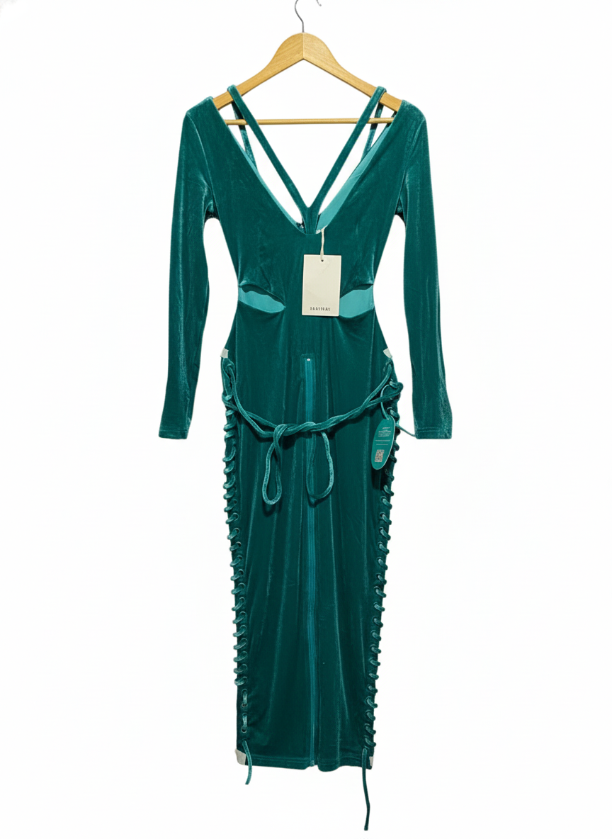 BBX BRAND|XS| BUST 16|C4|EMERALD GREEN VELVET MIDI DRESS WITH CUTOUTS