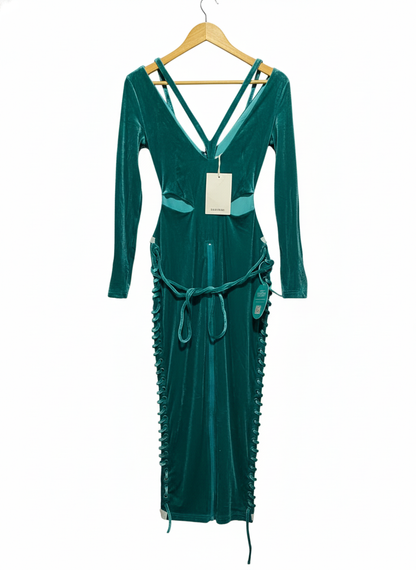 BBX BRAND|XS| BUST 16|C4|EMERALD GREEN VELVET MIDI DRESS WITH CUTOUTS