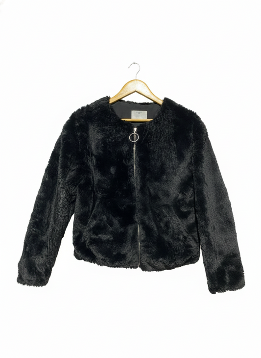 BERSHKA |M| BUST 20| Black Faux-Fur Bomber Jacket