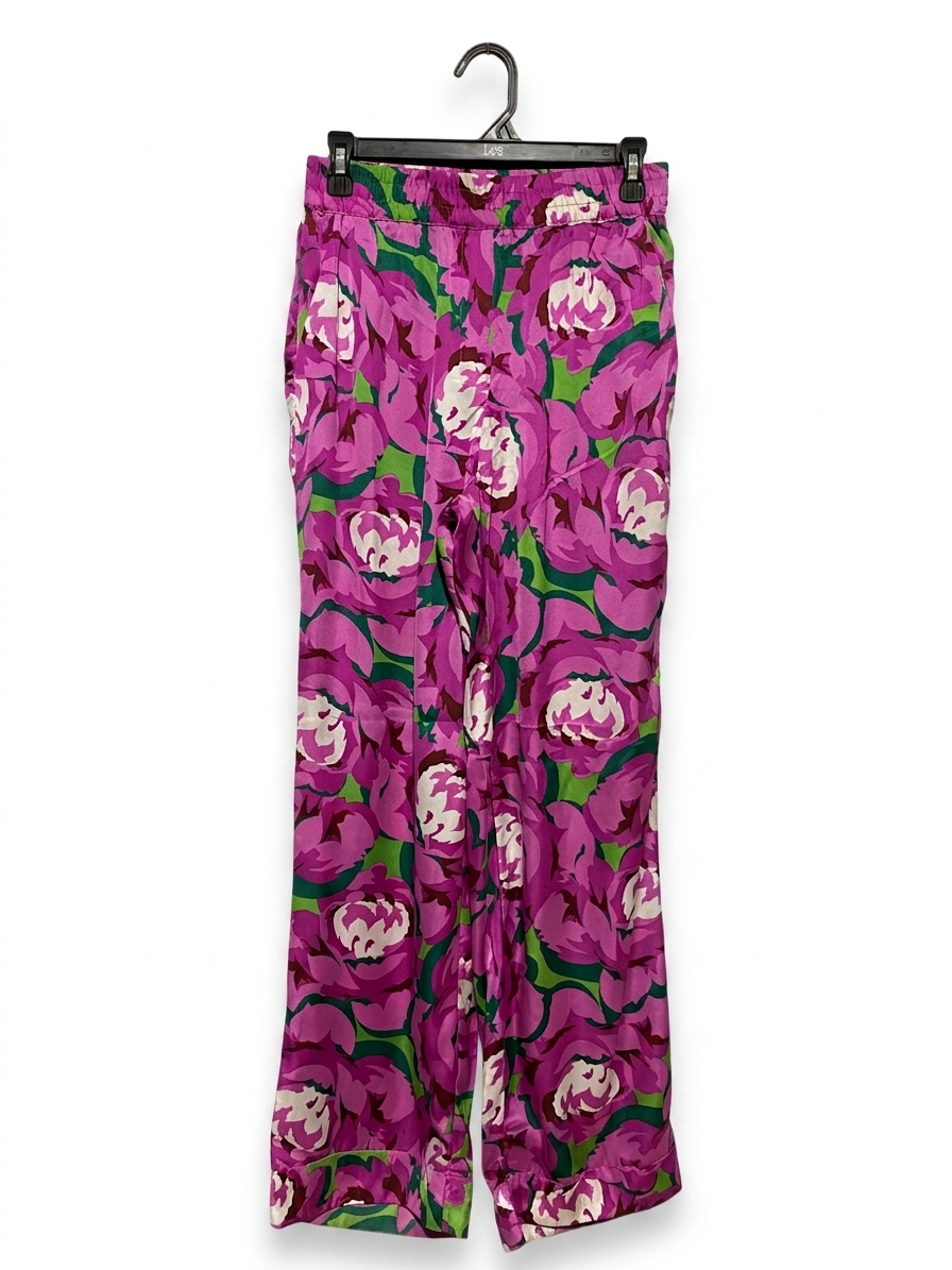 LEFTIES |S| BUST 27| B20| PINK AND GREEN FLORAL WIDE LEG SATIN PANTS