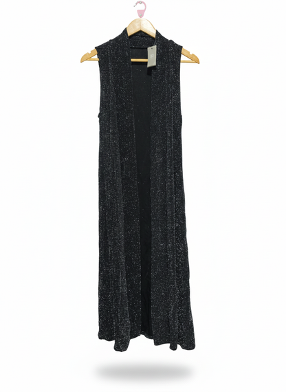 LAKELAND|S/M|BUST 15|BLACK SLEEVELESS METALLIC LONGLINE CARDIGAN