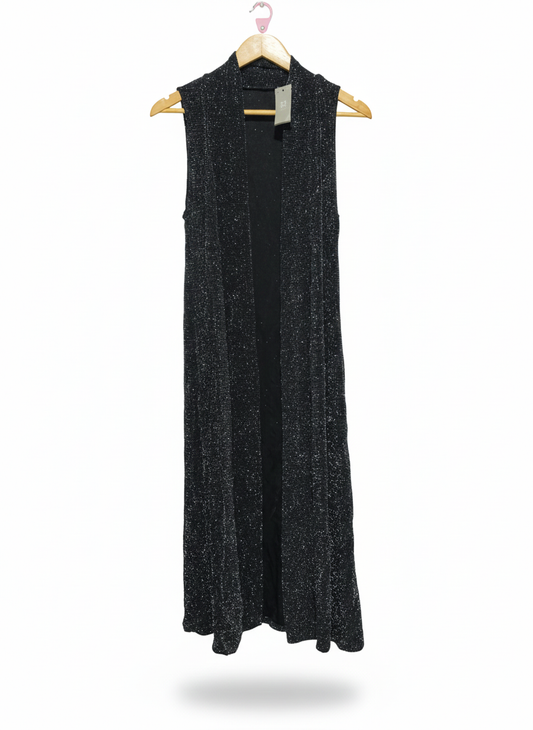 LAKELAND|S/M|BUST 15|BLACK SLEEVELESS METALLIC LONGLINE CARDIGAN