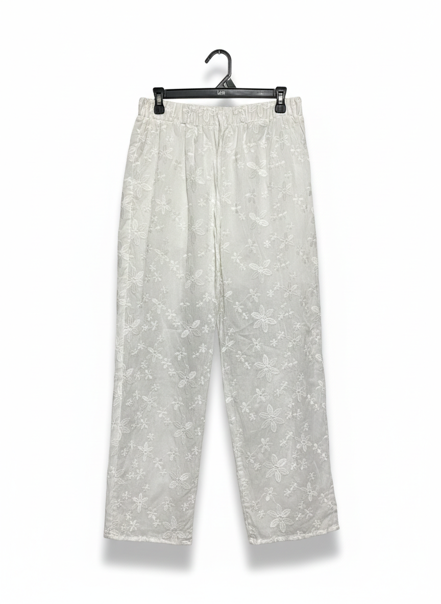 EMERY ROSE|L|WASIT 30|C1| WHITE EMBROIDERED WIDE LEG PANTS