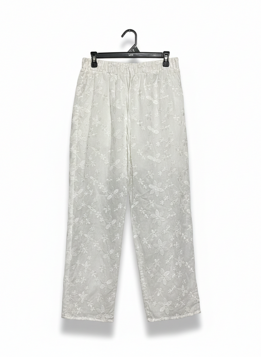 EMERY ROSE|L|WASIT 30|C1| WHITE EMBROIDERED WIDE LEG PANTS