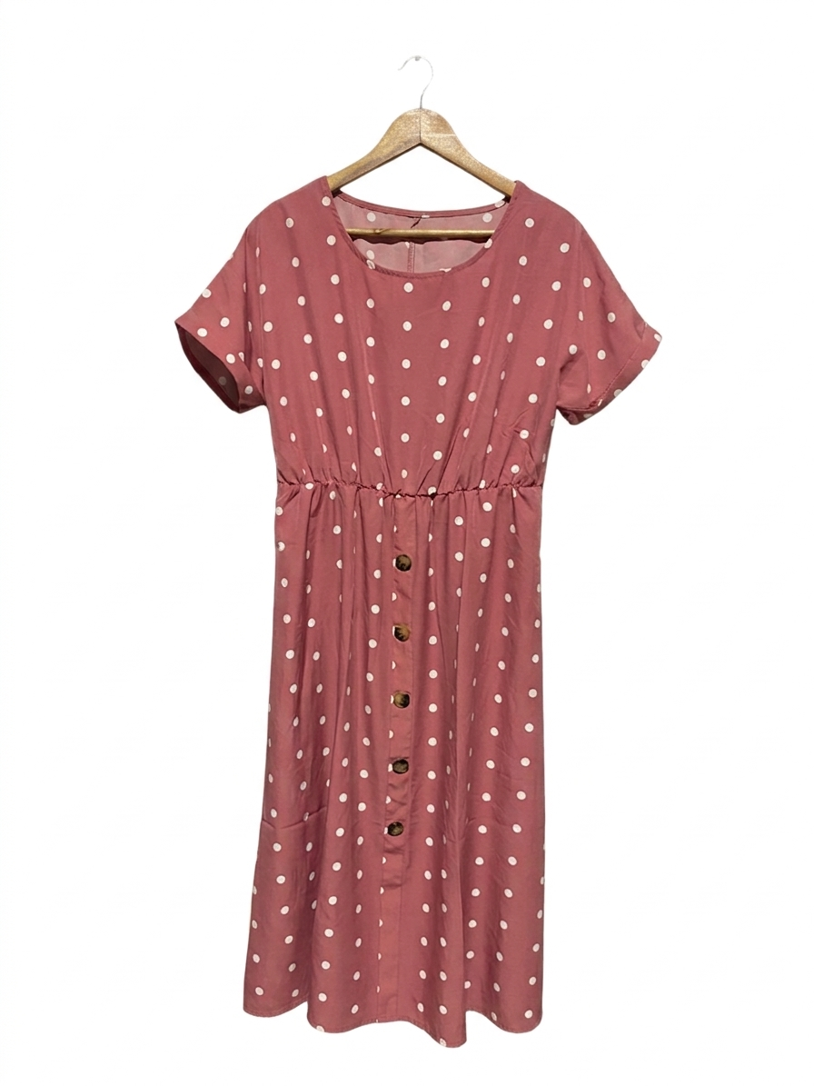 SHEIN |XL| BUST FREE | B4| DUSTY ROSE POLKA DOT BUTTON-FRONT MIDI DRESS