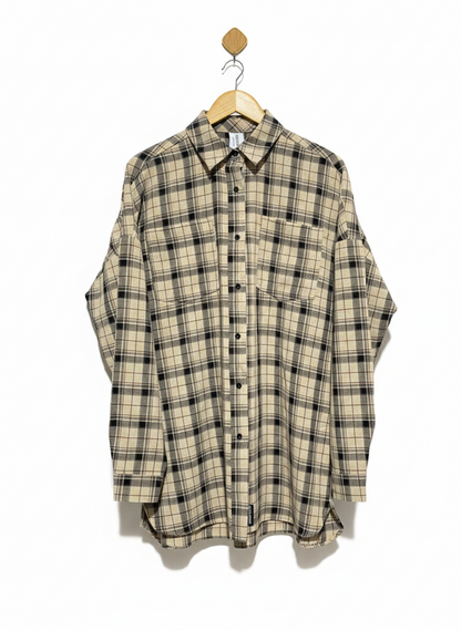 COLLUSION |L| BUST 25| UNISEX OVERSIZED FLANNEL BUTTON-DOWN SHIRT - CLASSIC TAN AND BLACK PLAID