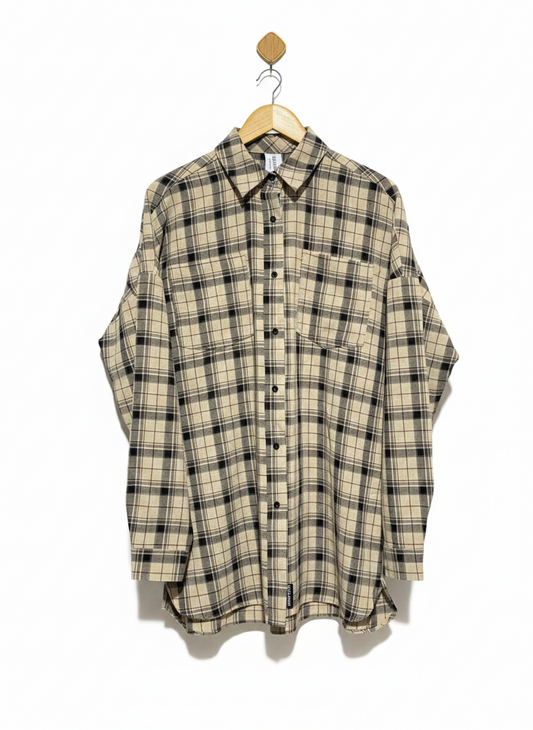 COLLUSION |L| BUST 25|C9| UNISEX OVERSIZED FLANNEL BUTTON-DOWN SHIRT - CLASSIC TAN AND BLACK PLAID