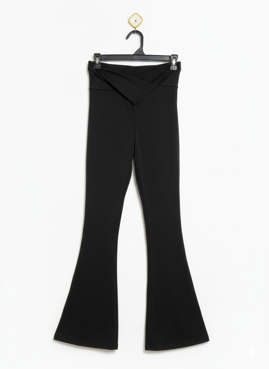 WOMEN'S HIGH-WAISTED CROSSOVER FLARE YOGA PANTS - NOIR BLACK |S| WAIST 24|