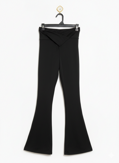 WOMEN'S HIGH-WAISTED CROSSOVER FLARE YOGA PANTS - NOIR BLACK |S| WAIST 24|