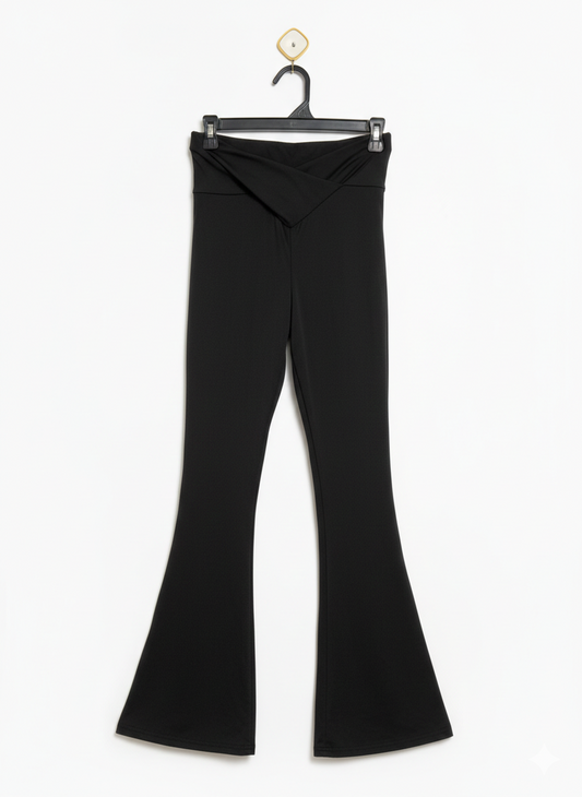 WOMEN'S HIGH-WAISTED CROSSOVER FLARE YOGA PANTS - NOIR BLACK |S| WAIST 24|