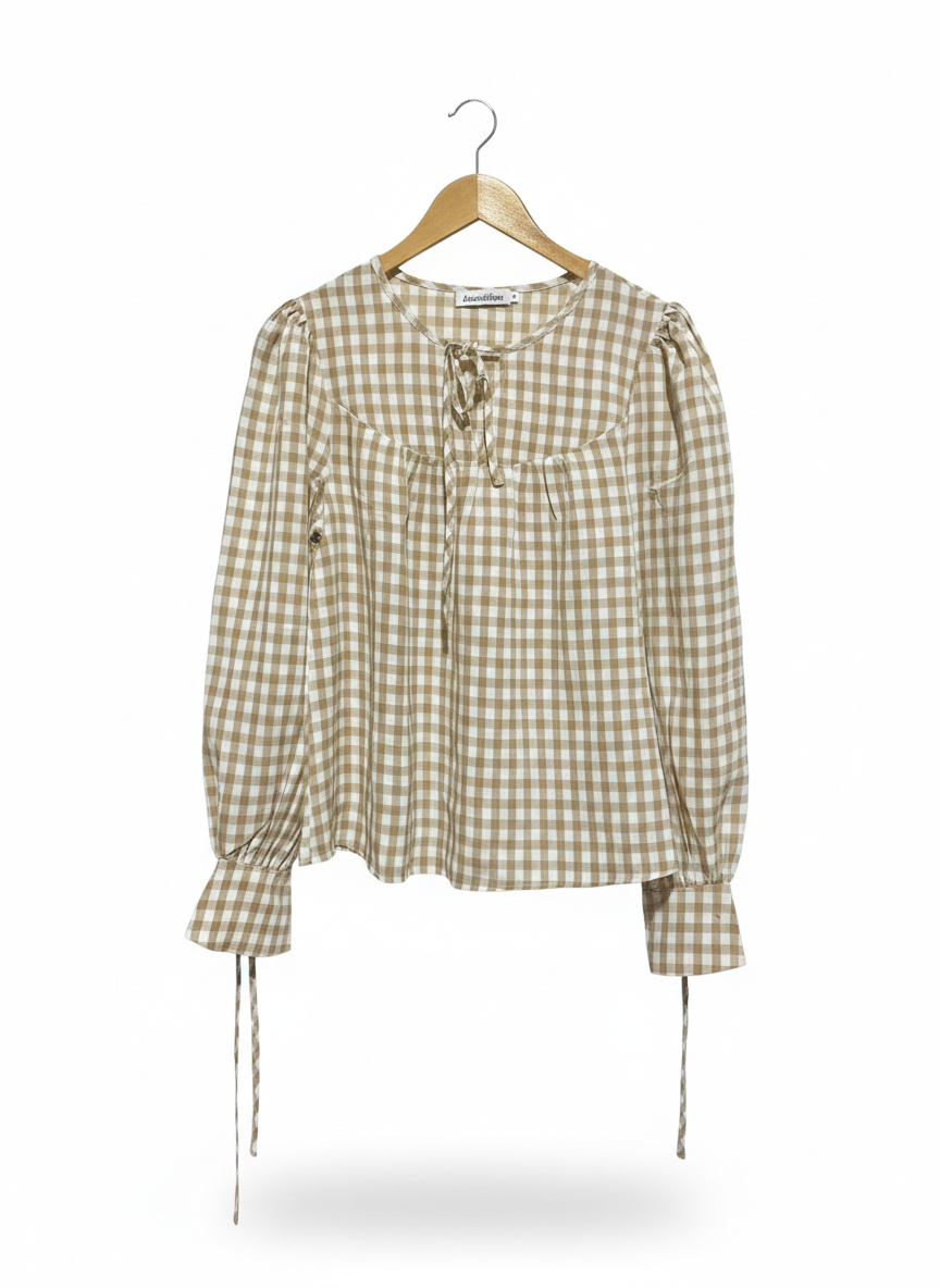 ATMOS & HERE |L| BUST 18| TAN & WHITE GINGHAM TIE-FRONT PEASANT BLOUSE