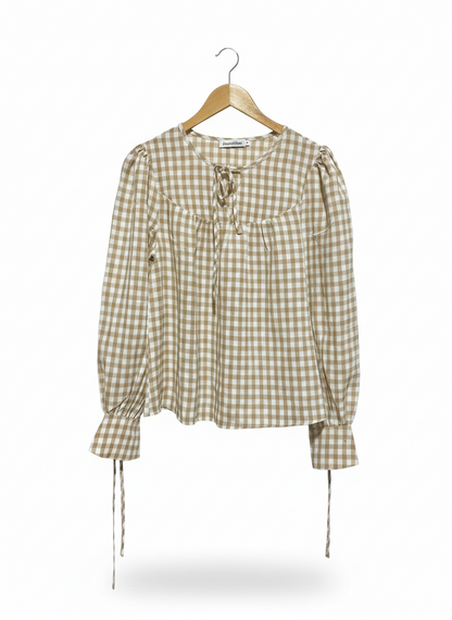 ATMOS & HERE |L| BUST 18| TAN & WHITE GINGHAM TIE-FRONT PEASANT BLOUSE