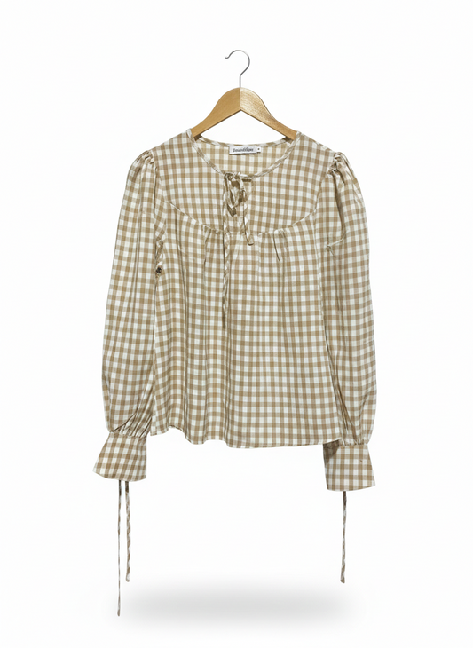 ATMOS & HERE |L| BUST 18|C9| TAN & WHITE GINGHAM TIE-FRONT PEASANT BLOUSE