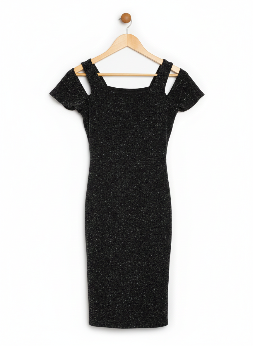 ELEGANT BLACK SHIMMER COLD-SHOULDER MINI DRESS |S| BUST 14|
