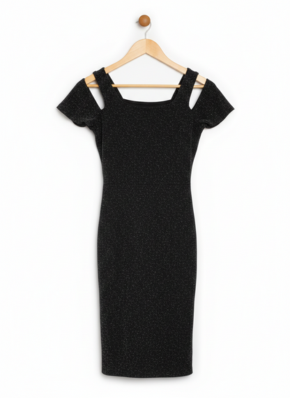 ELEGANT BLACK SHIMMER COLD-SHOULDER MINI DRESS |S| BUST 14|