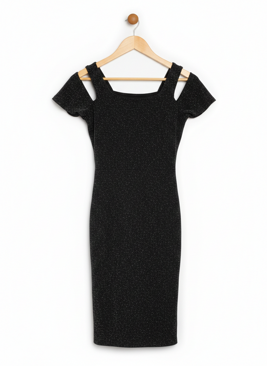 ELEGANT BLACK SHIMMER COLD-SHOULDER MINI DRESS |S| BUST 14|
