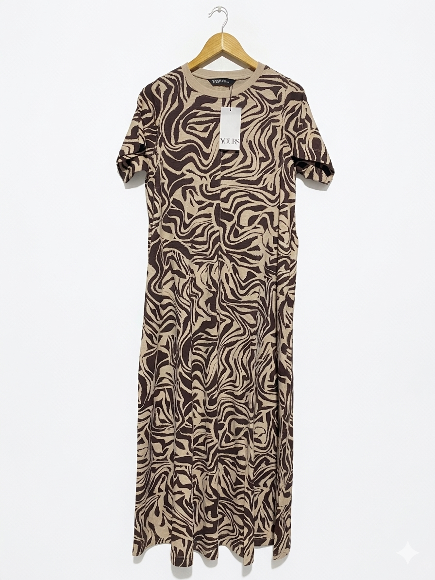YOURS |L| BUST 21| B4| NEW WITH TAGS YOURS CLOTHING BROWN SWIRL PRINT T-SHIRT MAXI DRESS