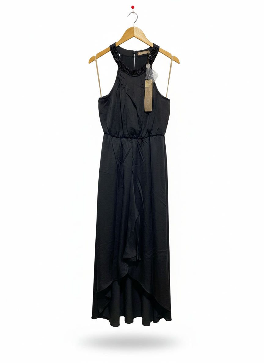 LIMITED EDITION |M| BUST 16| BLACK HANKY HEM HALTER OCCASION DRESS