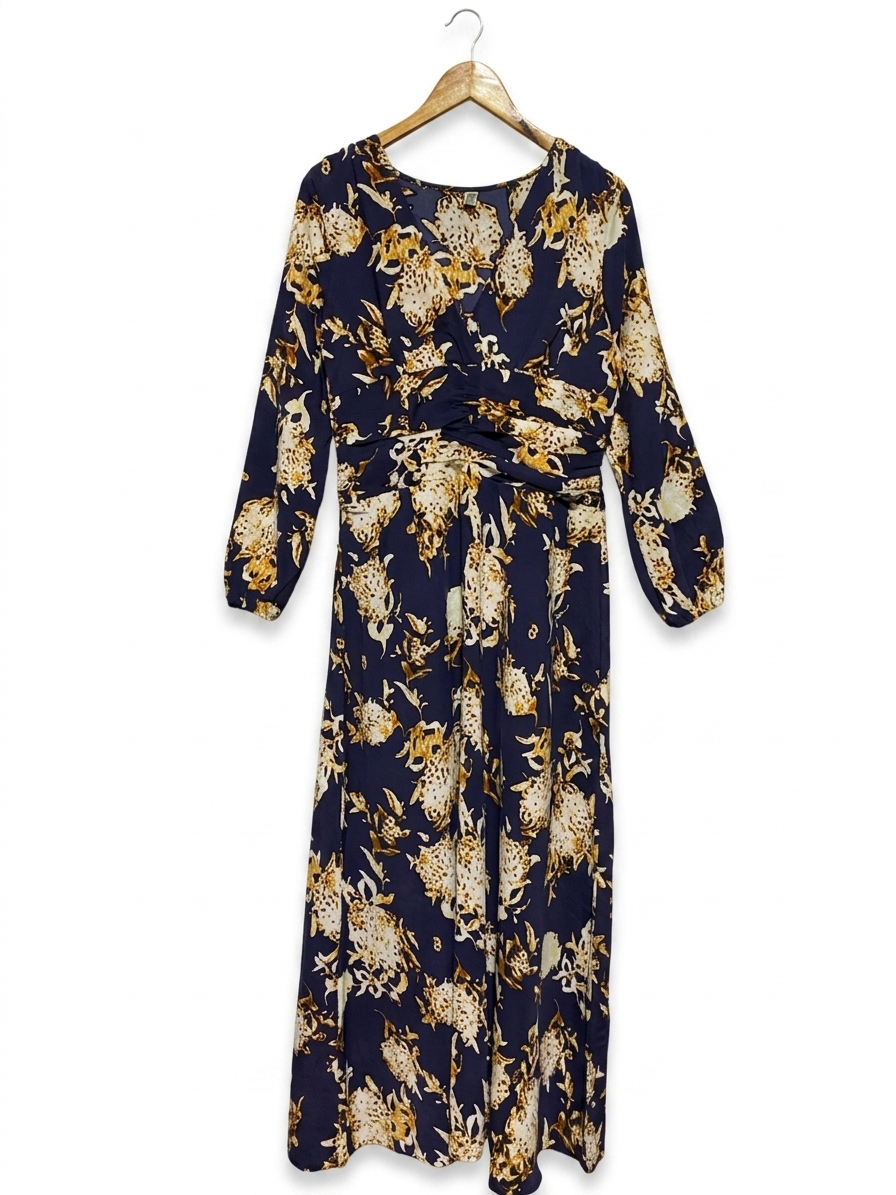 |M| BUST 17| B23| ELEGANT NAVY FLORAL MAXI DRESS - V-NECK LONG SLEEVE BOHEMIAN GOWN