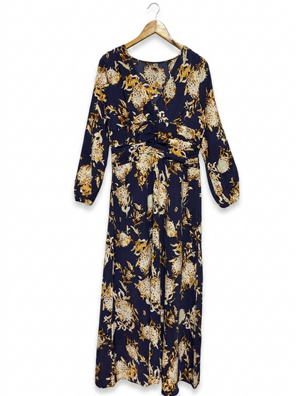 |M| BUST 17| B23| ELEGANT NAVY FLORAL MAXI DRESS - V-NECK LONG SLEEVE BOHEMIAN GOWN