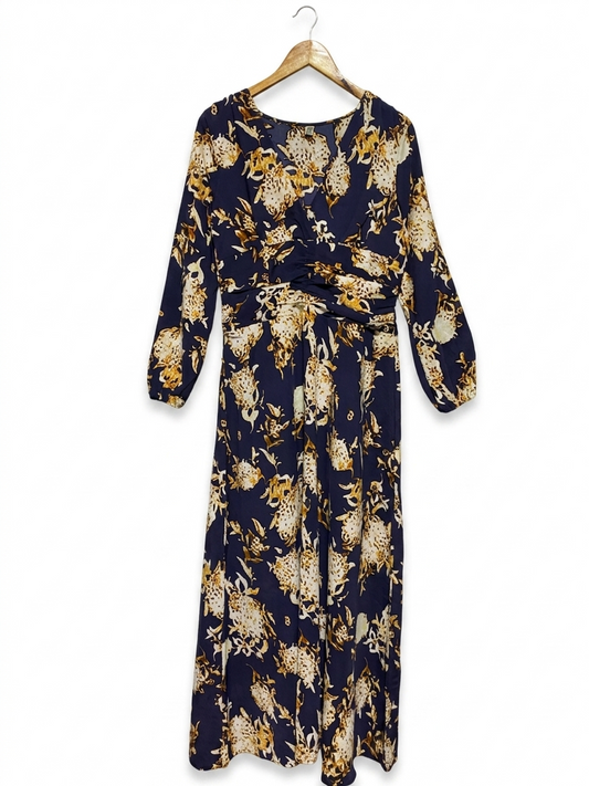 |M| BUST 17| B23| ELEGANT NAVY FLORAL MAXI DRESS - V-NECK LONG SLEEVE BOHEMIAN GOWN