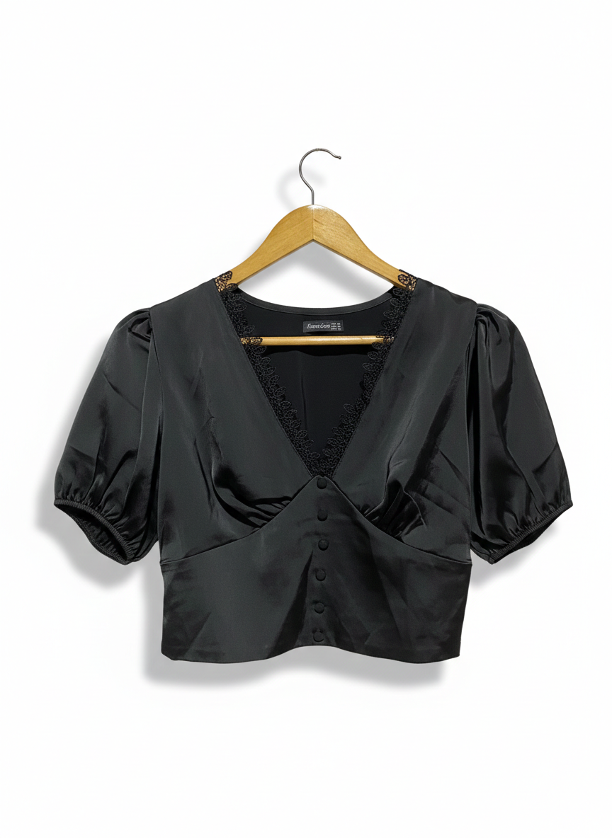 FASHION VIRUS |M| BUST 16| WOMEN'S BLACK SATIN V-NECK PUFF SLEEVE BLOUSE WITH LACE TRIM