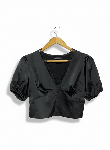FASHION VIRUS |M| BUST 16| WOMEN'S BLACK SATIN V-NECK PUFF SLEEVE BLOUSE WITH LACE TRIM