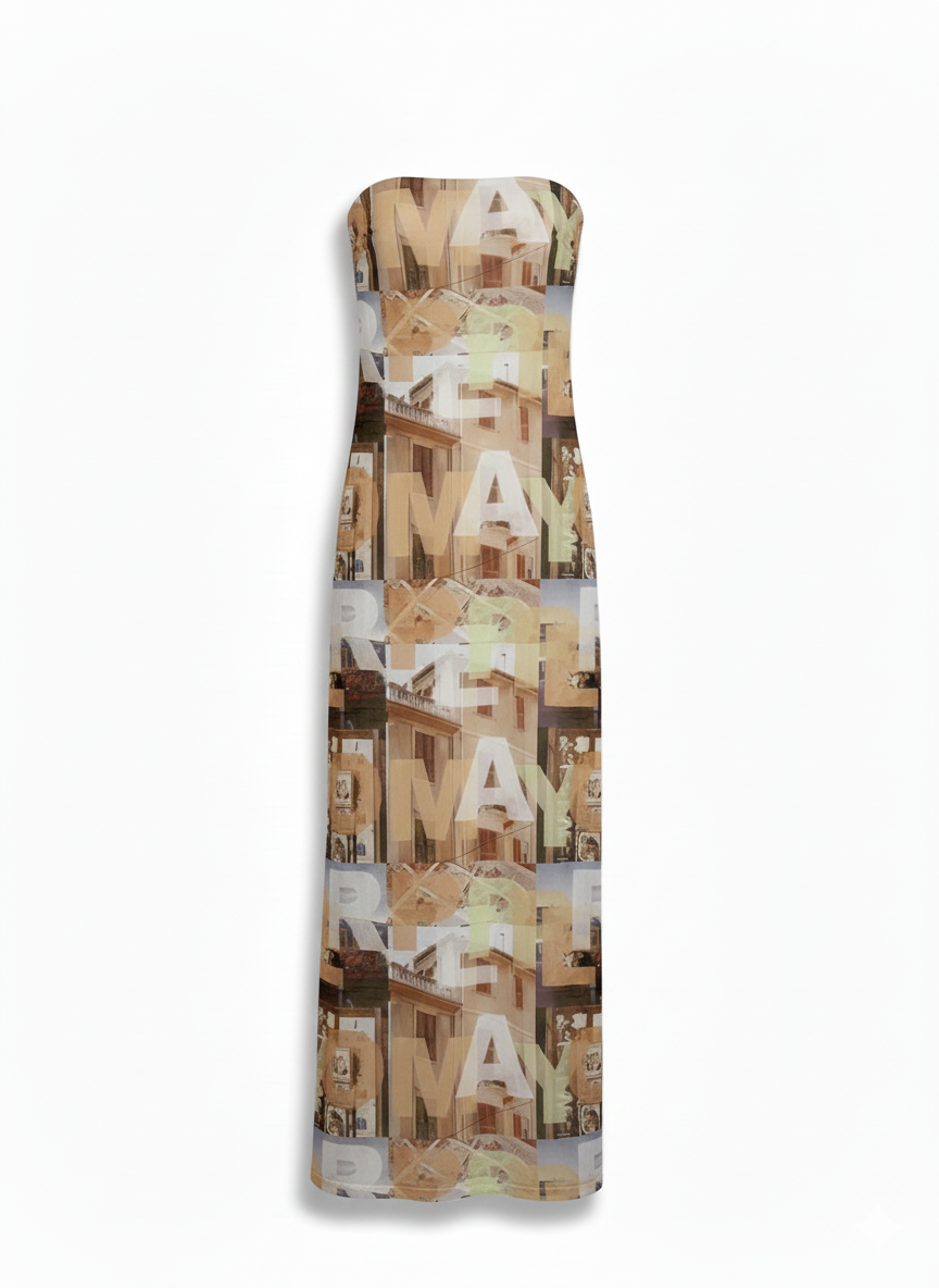 PEPPERMAYO|XS|BUST 13|"ROMA" ARCHITECTURAL PRINT STRAPLESS MESH MAXI DRESS
