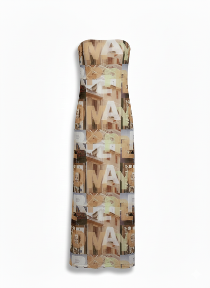 PEPPERMAYO|XS|BUST 13|"ROMA" ARCHITECTURAL PRINT STRAPLESS MESH MAXI DRESS
