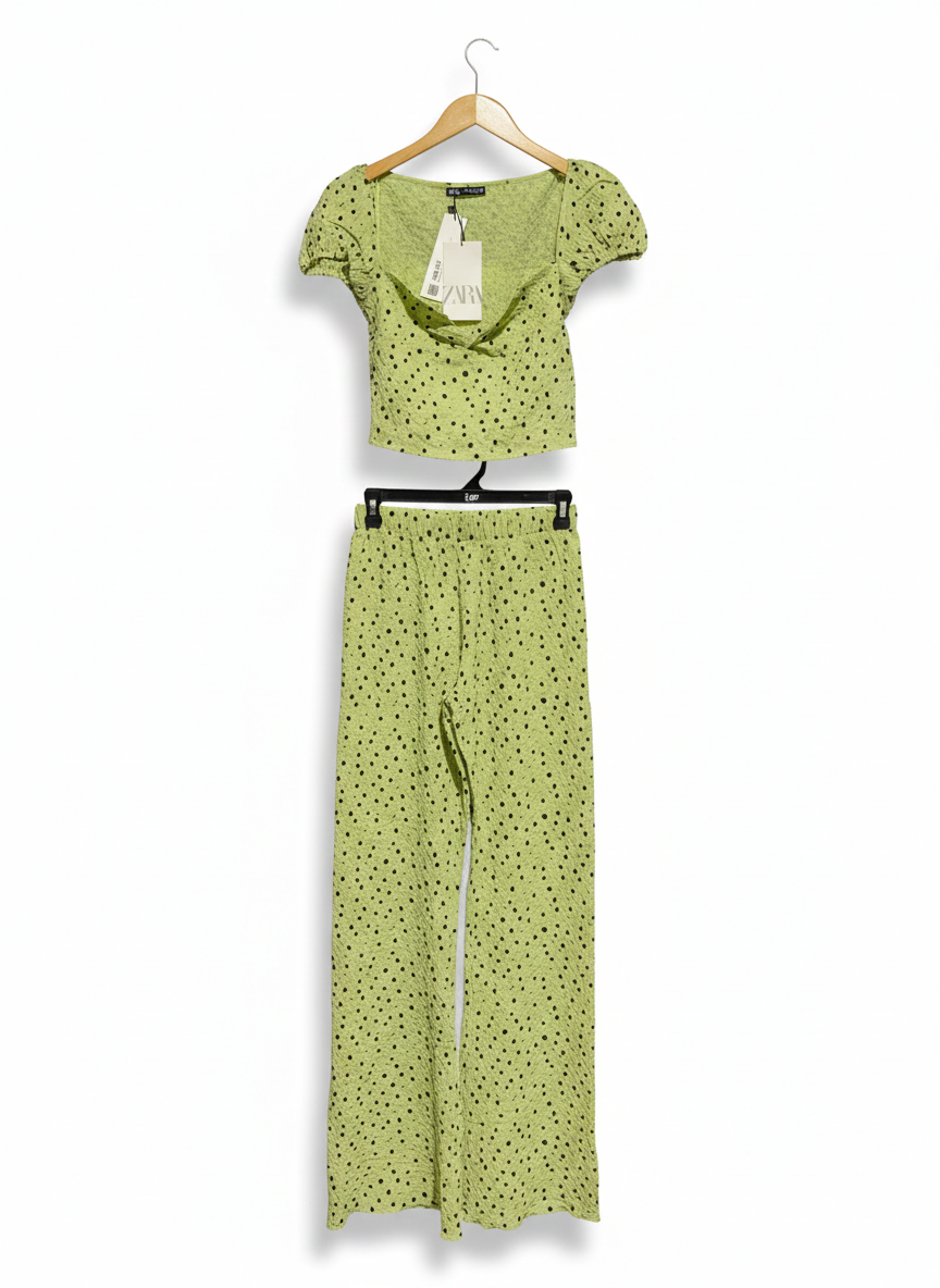ZARA |S| LIME GREEN POLKA DOT PUFF SLEEVE CO-ORD SET