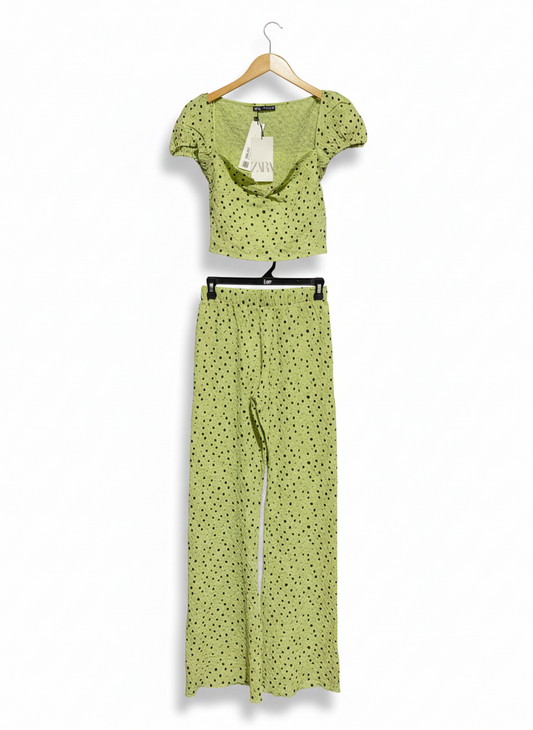 ZARA |S| LIME GREEN POLKA DOT PUFF SLEEVE CO-ORD SET