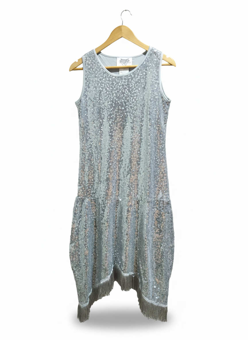JERRY BACK|S|BUST 16|Silver Sequin Fringe Flapper Dress