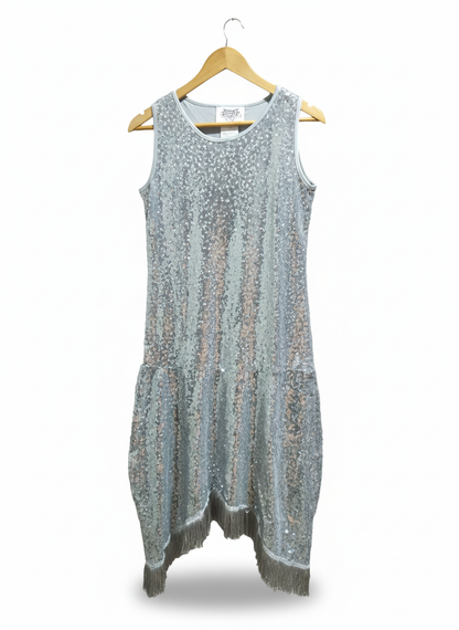 JERRY BACK|S|BUST 16|Silver Sequin Fringe Flapper Dress