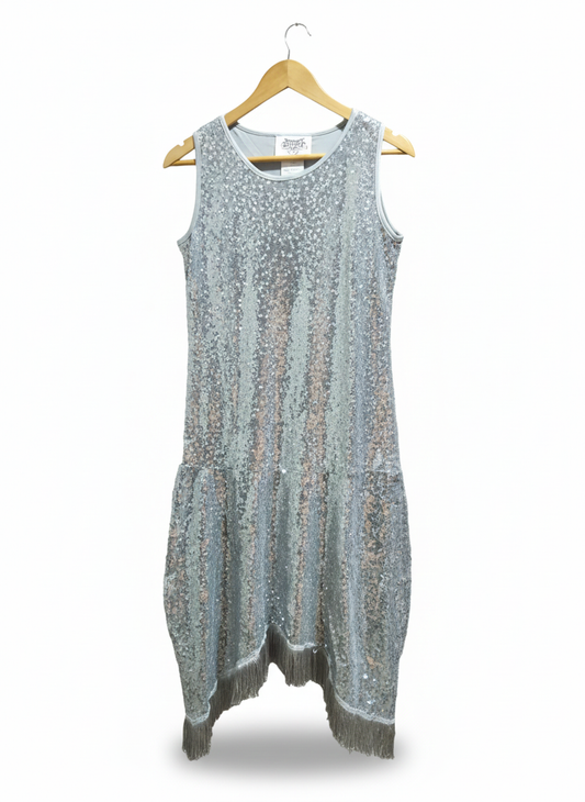 JERRY BACK|S|BUST 16|Silver Sequin Fringe Flapper Dress