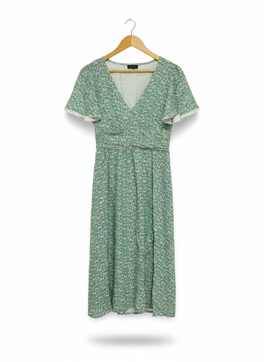 SHEIN|L|BUST 16|GREEN FLORAL V-NECK MIDI DRESS