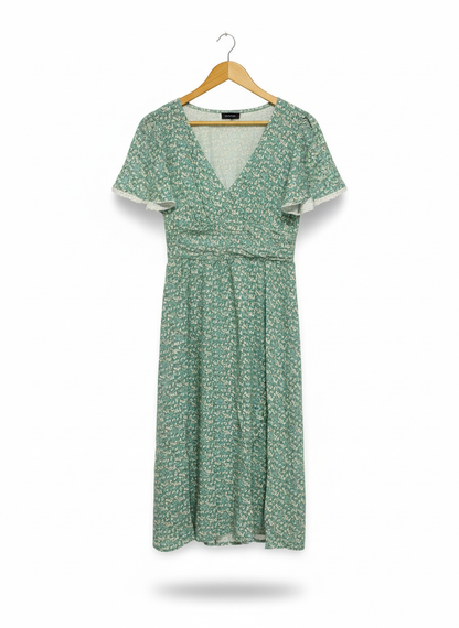 SHEIN|L|BUST 16|GREEN FLORAL V-NECK MIDI DRESS