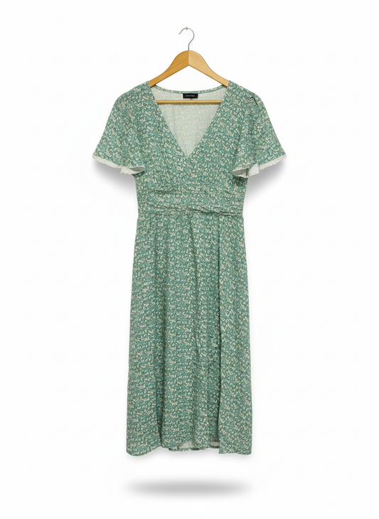 SHEIN|L|BUST 16|GREEN FLORAL V-NECK MIDI DRESS