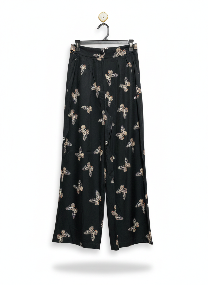 BLACK BUTTERFLY PRINT WIDE-LEG TROUSERS |S| WAIST 27|