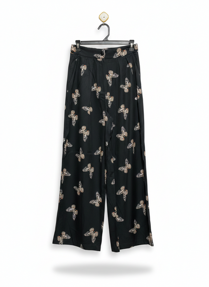 BLACK BUTTERFLY PRINT WIDE-LEG TROUSERS |S| WAIST 27|