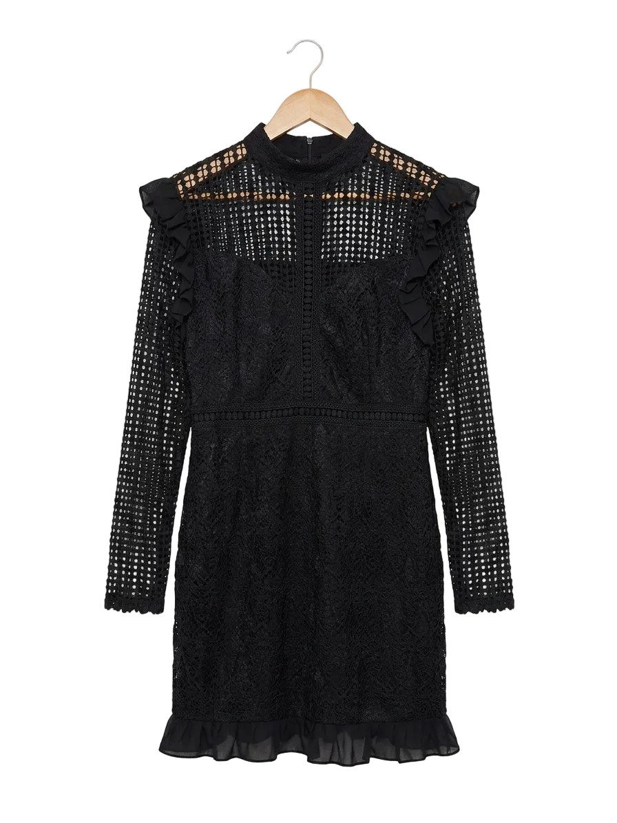 PRETTYLITTLE THING |L| BUST 19| B11| ELEGANT BLACK EYELET LACE LONG SLEEVE MINI DRESS