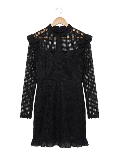 PRETTYLITTLE THING |L| BUST 19| B11| ELEGANT BLACK EYELET LACE LONG SLEEVE MINI DRESS