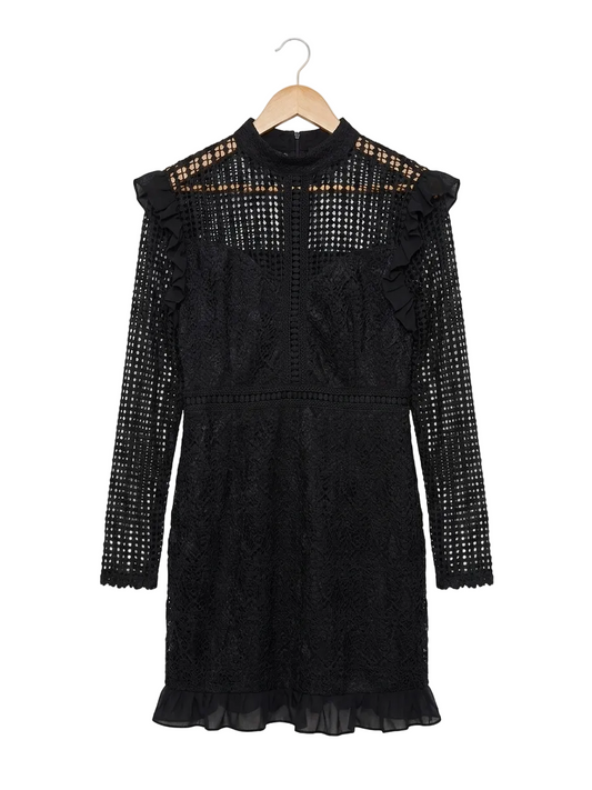 PRETTYLITTLE THING |L| BUST 19| B11| ELEGANT BLACK EYELET LACE LONG SLEEVE MINI DRESS