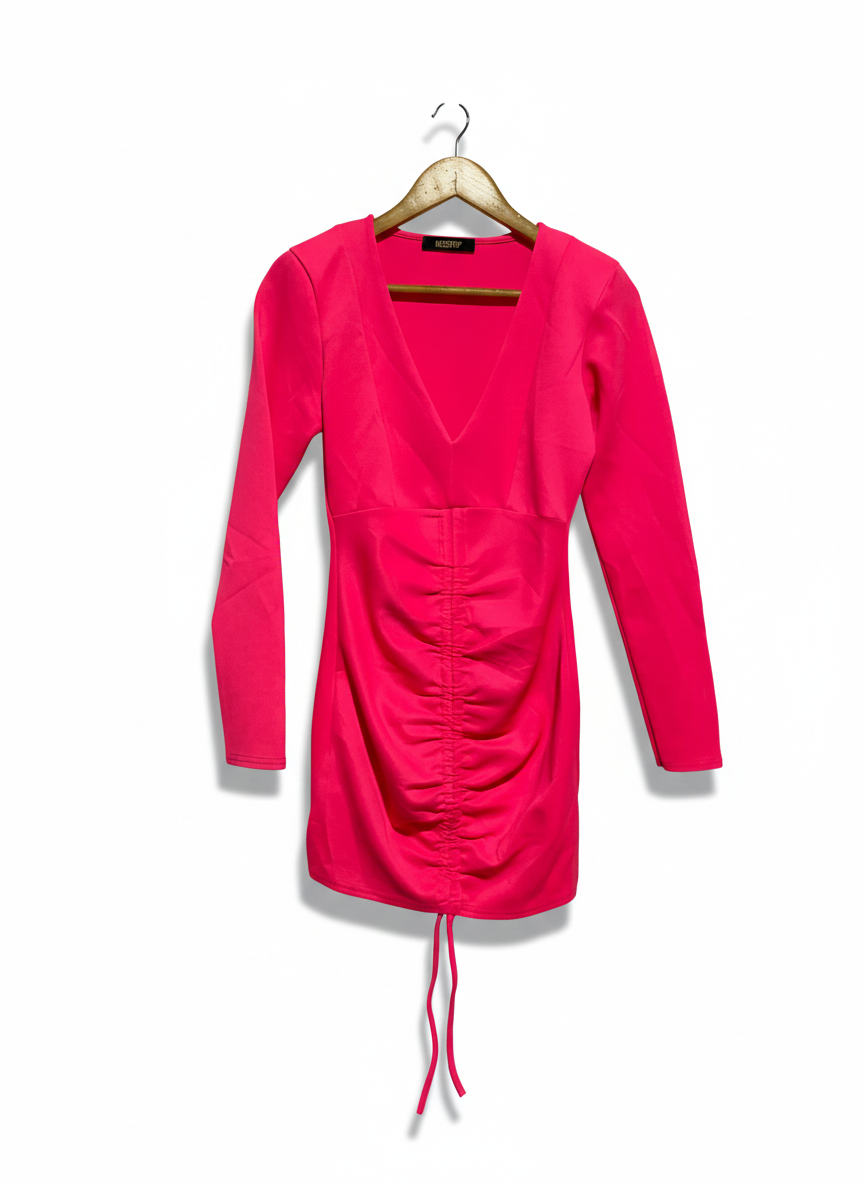 MISSPAP|S/M |BUST 15| HOT PINK RUCHED MINI BODYCON DRESS